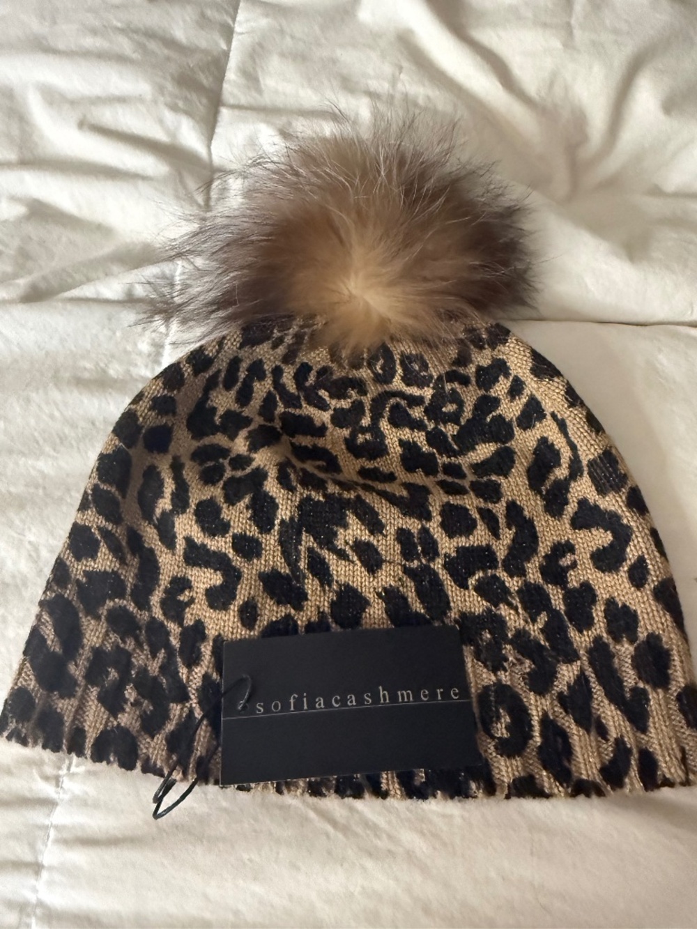 Sofia Cashmere Leopard Print Cashmere & Faux Fur Pom Beanie